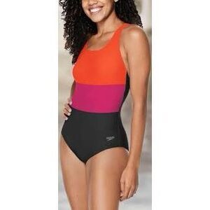 Speedo Size L Racerback One Piece Swimsuit Pink Orange Colorblock Stripe Sporty